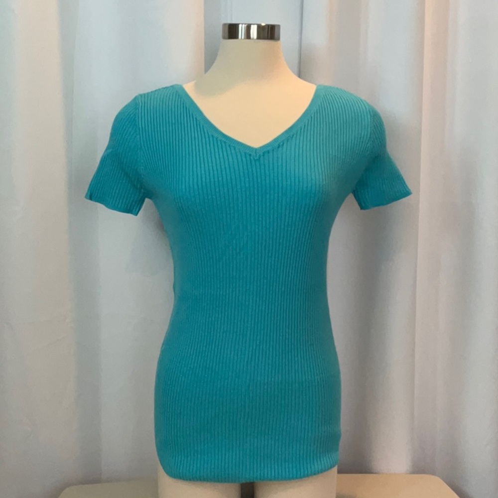 NWT Soft Surroundings Turquoise Ribbed Short Sleeve V Neck Tee Women Size L